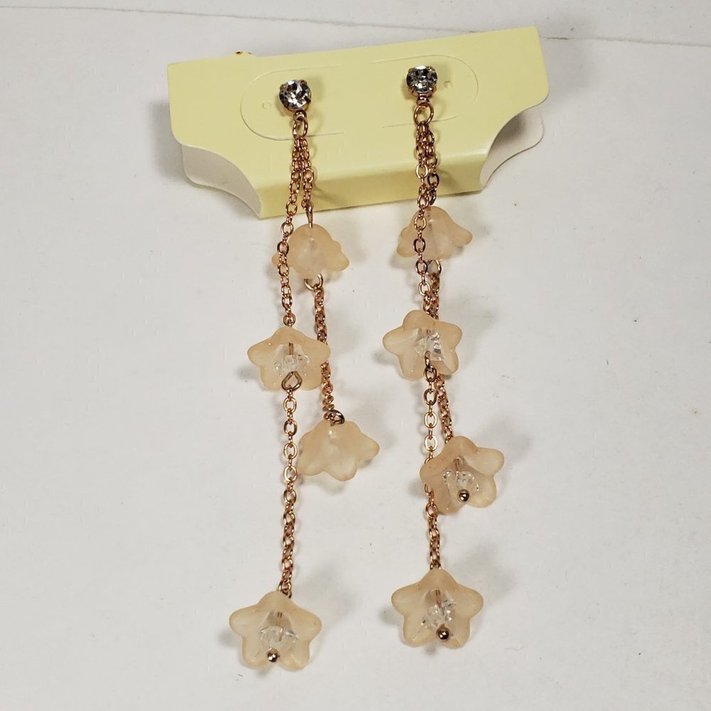 Rose Gold tone & Cream color Flower Crystal 3.5" Drop Dangle Earrings for Women - Picture 4 of 8